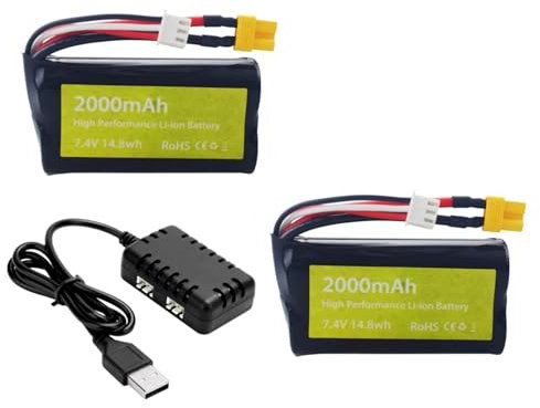 ZYGY 2PCS 7.4V 2000mah 15C 2S Batterie Lipo avec Prise XT-30 et Chargeur 2 en 1 pour Voitures télécommandées, Bateaux télécommandés, Drones télécommandés, véhicules d'ingénierie huina