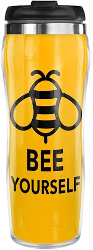Pixly® Be Yourself Thermal Travel Mug Coffee Tea Flask, 400ml/14oz Capacity, Funny Bee Joke Fun Gift for Him Her, Yellow