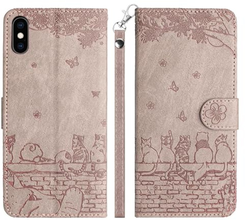 Case for iPhone XS Phone Case, iPhone X Phone Case, Embossed Cute Cats PU Leather Flip Case for iPhone X/XS Case with Card Holder and Magnetic Closure, Smoky Purple