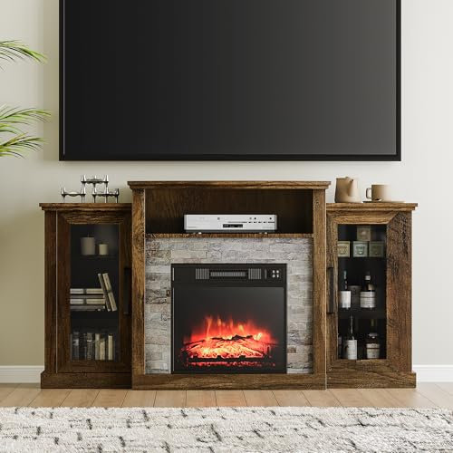 TRONLEE 59 inch Fireplace TV Stand, Entertainment Media Console Table for Living Room, Adjustable Cabinets, 1400W Removable 18 inch Fireplace, for TVs up to 65 inches, Rustic Brown