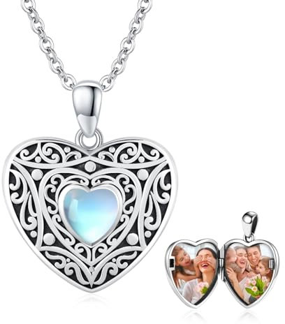 MEDWISE Medaillon Keltisches Halskette 925 Sterling Silber Herz Mondstein Kette Anhänger Foto Medaillon Amulett Medallion mit Foto Mondstein Schmuck für Damen Geschenke