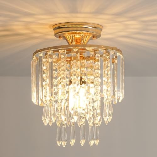 FRIDEKO HOME Modern Kronleuchter Kristall Deckenleuchte Gold,Kleine Kristall Deckenlampe E27 Fassung für Wohnzimmer Schlafzimmer Küche Flur,Ø23cm