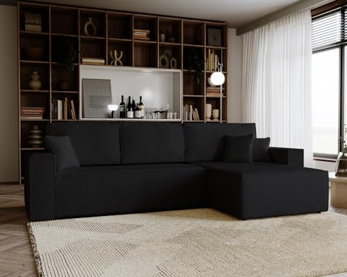 Emporius Ecksofa 275 cm Bergamo L - Eckcouch L-Form mit Bettkasten, Schlafsofa - Ecksofa 275 cm mit Schalffunktion, Ottomane rechts freistehend - Cordstoff Velvet (Schwarz - Poso 135)