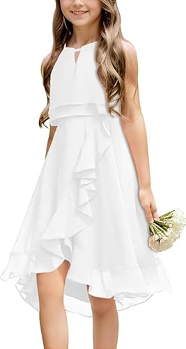 Haloumoning Mädchen Kleider Sommer Festlich Kleid Ärmellos Prinzessin Partykleid Brautjungfern Tanzen Ball Hochzeits Blumenmädchenkleid Weiß 160