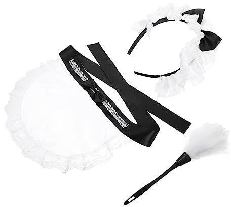 WOFASHPURET Classic Black White Maid Costume Accessories Set Includes Lace Bow Apron Headband Duster Easy to Wear Sturdy Material for Halloween Cosplay or Fancy Dress Parties