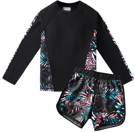 Girls Long Sleeve Swimsuits Rash Guard Sun Protection UPF 50+ Swimwear 2 Piece Swim Set Girls Swimming Costume 4-14 Years