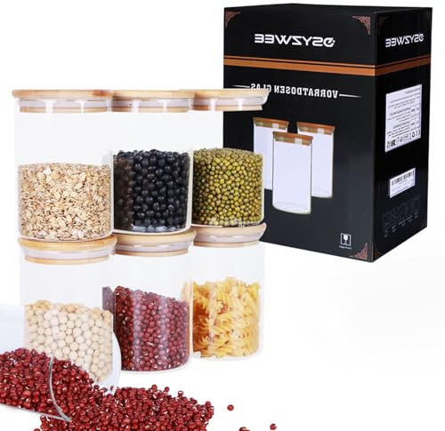 DSYZWEE Vorratsdosen Glas 6er Set, 800ml Vorratsgläser mit deckel rund, Borosilikatglas Vorratsbehälter mit Bambusdeckel, Glasbehälter zur Aufbewahrung Küchenzutaten, für Kaffee, Zucker, Nudeln