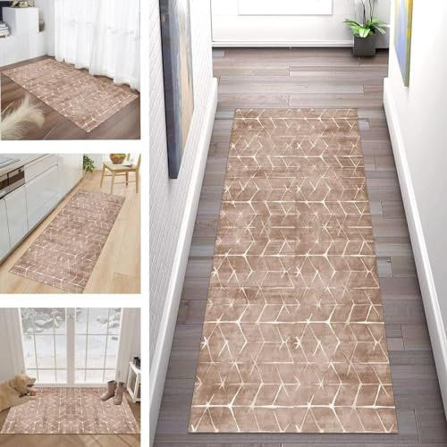 Buatisf Teppich Läufer Flur Küche, Waschbar Kücheteppich rutschfest Braun Flurläufer Lange Küchenläufer für Korridor Schlafzimmer, Modern Polyester Teppichläufer auf Maß Meterware