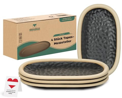 Urban Lifestyle Juego de 4 Platitos de Postre Ovalados de Cerámica 19,5 x 11,5 cm Color Marrón Chocolate – Platos Rústicos para Tarta, Desayuno, Postre o Entrante – Pequeños Platos Ovalados