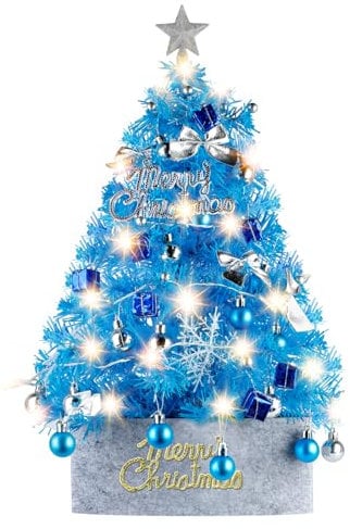 Mini Christmas Trees with Lights, Migaven 2ft/60cm Blue Tabletop Christmas Tree with Tree Topper Star Ornaments Led String Light for DIY Desktop Christmas Decorations