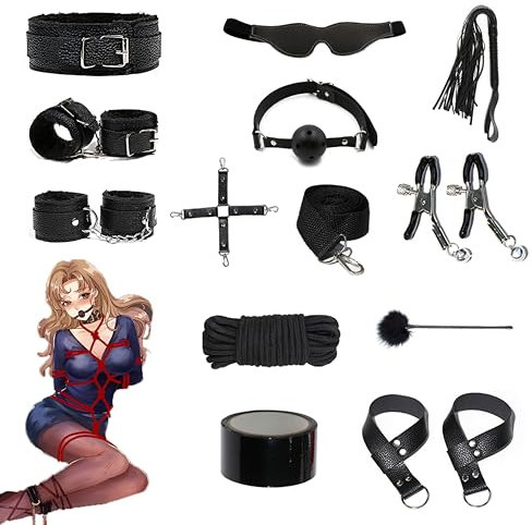 Quintrost 12 Piezas SM Bondage Kit, BDSM Bondage Set Erótico Juguetes Sexuales para Parejas, Sexuales de Bondage Set Restraints Kits con Esposas Máscara de Ojos (Negro)