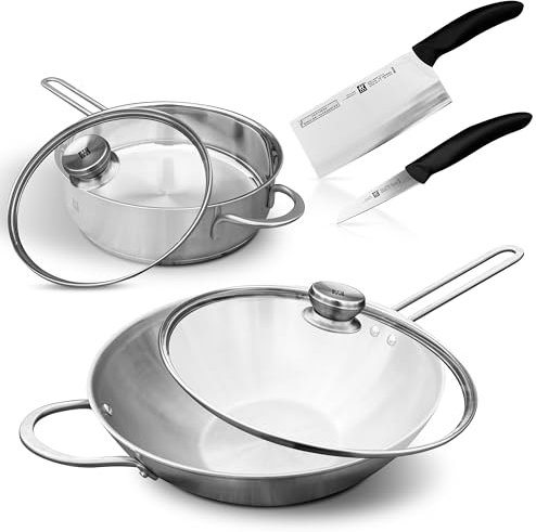 Zwilling TwinNova Wokpfanne 30cm + Schmorpfanne 24 cm + 2x Glasdeckel + 2 Küchenmesser, 6 tlg, Wok + Schmor Pfanne Unbeschichtet, Spülmaschinenfest, rutschfester Griff, FÜR ALLE HERDARTEN, Silber