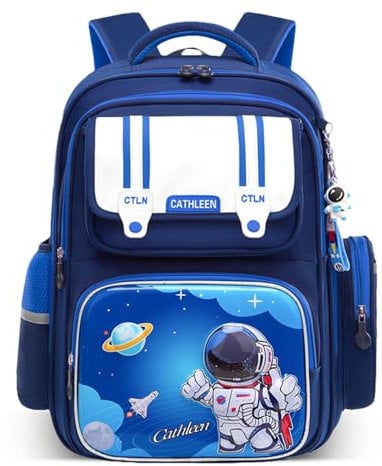 Tanou Schulrucksack Jungen Rucksack Kinder, 22 Liter Ergonomischer Schultasche für Grundschule mit Anhänger, Wasserdicht Astronauten Schulranzen für Junge 1-4 Klasse, Blau