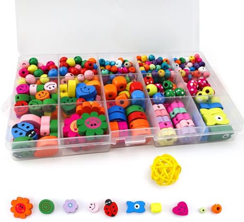 HJIAMA 400 bunte Holzperlen Set mit Nadel und Faden für Armbänder und Halsketten