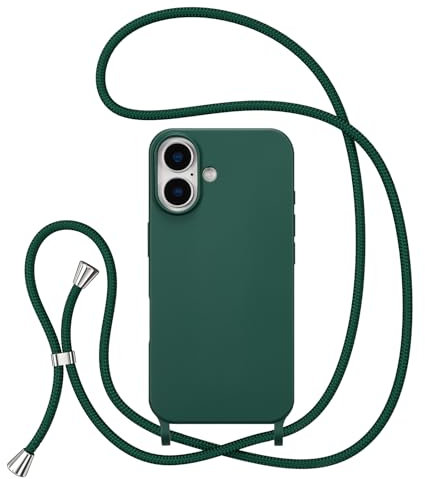 ZTOFERA Crossbody Lanyard Case for iPhone 16, Liquid Silicone Protective Phone Case with Strap Adjustable Neck Cord Necklace Soft Cover for iPhone 16, Dark Green