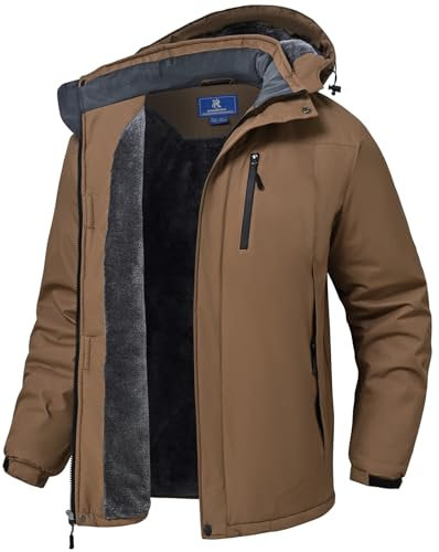 SPOSULEI Herren Winter Fleecejacke Warme Verdickt Gefüttert Skijacke Outdoor Winddicht Wasserdicht Jacke mit Abnehmbarer Kapuze für Wandern Braun 2XL