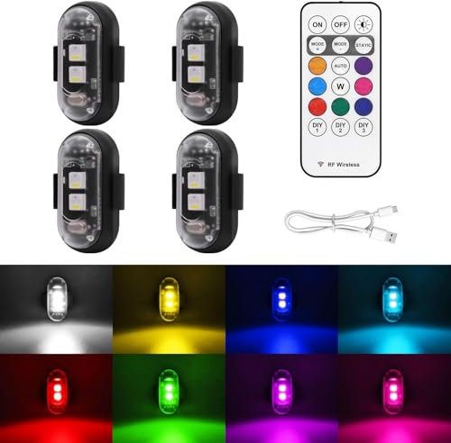 Générique Feux D'avertissement D'urgence à LED,LumièRe Stroboscopique Led Sans Fil Avec TéLéCommande, 8 Couleurs Usb Charing Waterproof Anti-Collision ,For Car Motorcycle Drone Aircraft Bike(4PCS)
