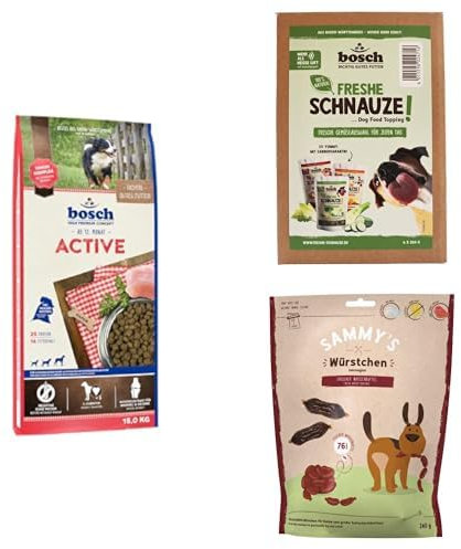 Bundle: Active Hundefutter für aktive Hunde + Topping Gemüse-Mixpaket Freshe Schnauze + Sammy's Wasserbüffel Würstchen Snack für Hunde