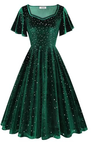 AXOE Damen Samtkleid mit Glitzer Festliches Retro Kurzen Ärmeln Midi Abendkleid Elegant für Hochzeit Cocktail Grün, Gr.42, XL
