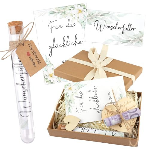 Geldgeschenk Hochzeit, Hochzeitsgeschenke für Brautpaar, Wunscherfüller Geldgeschenk, Geldgeschenk Verpackung, Hochzeitskarte Geldgeschenk mit Geschenkbox GrußKarte Reagenzglas Bast Band Holzherz