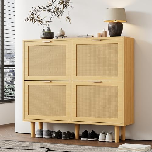 FAYICIC Schuhschrank mit 4 Klappschubladen, Schuhkommode aus Rattan mit Metallgriffen, Holzmöbel, Landhausstil, Maße: 100 x 25 x 90 cm