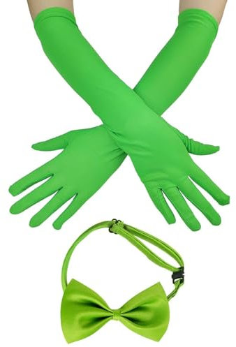 UDNFHL 1 Paar Grüne Lange Handschuhe, 1 Stück Fliege, Neon -Mode -Handschuhe, Verstellbare Fliege, Party -Kleidungszubehör.