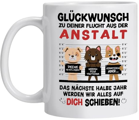 Abschiedsgeschenk Kollegen Tasse Personalisiert für Abschied Glückwunsch zu deiner Flucht Kaffeebecher 350ml Beidseitiger Druck Lustige Bürotasse zum Jobwechsel Keramik Tasse Abschied Kollege