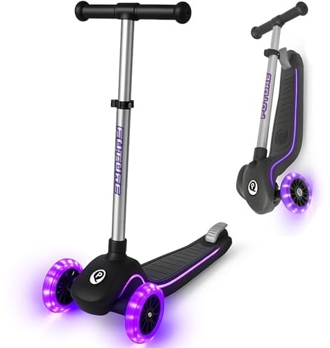 QPlay Kinderroller mit 3 leuchtenden Rädern, höhenverstellbar, LED-Lichter an der Basis und an den Rädern, stabiles und sichtbares Design, zusammenklappbarer Kinderroller mit rutschfesten Griffen