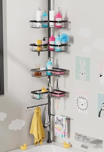 Taozun Duschablage Ohne Bohren Ecke - Rostfreie Duschregal Teleskop 4-stufige (63,5-290 cm) | Badezimmer Organizer Badregal mit Haken, Große Kapazität Duschgel Halterung, Schwarz