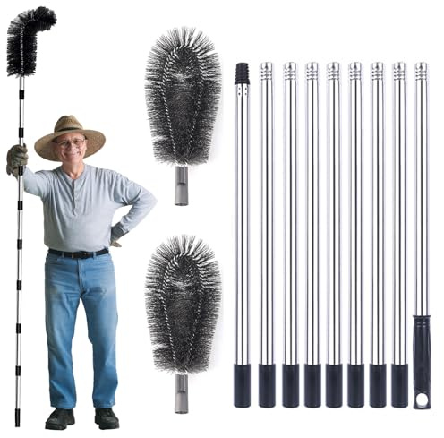 Pulitore per grondaia, 390 cm, spazzola per grondaie con 9 manici telescopici e 2 testine nere per pulizia di foglie, neve, sporco, finestre, grondaie