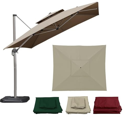 Garten Sonnenschirm Ersatzbezug 2.5x2.5m 3x3m Quadratisch Terrassen Tischschirm Ersatzabdeckung, UV-Schutz Wasserdicht Outdoor Ampelschirm Bezug, 8 Streben Marktschirm Ersatz Stoff(Light-Khaki,3x3m)