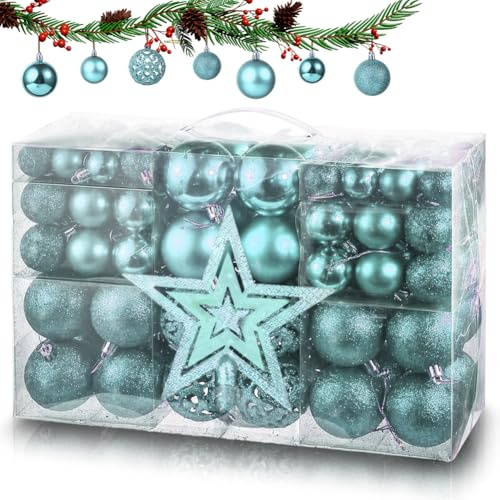 101pcs Weihnachtskugeln Set, 1x Baumspitze Glitzer Stern & 100x Kugel - mit Verpackung für Innen/Außen Dekoration aus Kunststoff,Christbaumschmuck (Blau)