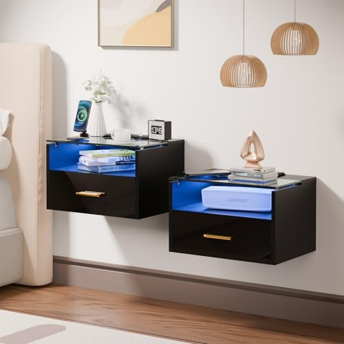 Nachttisch Hängend 2er set mit RGB LED-Beleuchtung & 2 AC Steckdose/2 USB-Anschlüsse,Nachtkästchen Schwebend mit Einer Schublade,Trennwand aus Gehärtetem Glas für Schlaf & Wohnzimmer(Schwarz)
