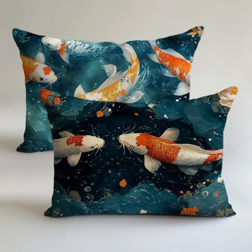 Outdoor Kissen Türkis Kissenbezug 50x90cm Koi Kissenbezüge Wetterfest Leinen Dekokissen 2er Set, Doppelseitig Gedruckt mit Reißverschluss für Terrasse Sofakissen Zierkissen Herbstdekoration L-L1689