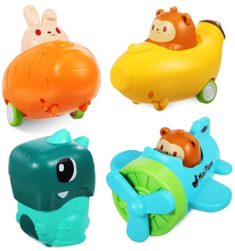 FUNNETOYU 4 Stück Tierauto Spielzeug für Kleinkinder Druck Autos mit Rutschfesten Gummireifen Bunte Aufziehautos aus Kunststoff Babyspielzeug für Frühe Entwicklung