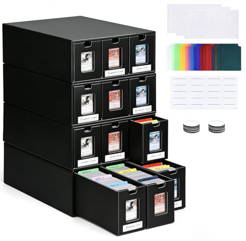 Trading Card Storage Box 4-Tier, Cardboard Card Storage Box, 12 Drawers Black MTG Deck Box with 48 Colorful Card Dividers & Sticker Labels, Trading Card Organizer for TCG, MTG, PTCG, Sports Cards