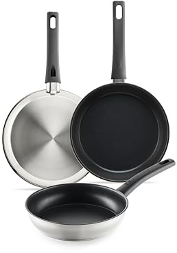BRA Antistick Inox | Set 3 sartenes 18/22/26 cm, aluminio y acero inox | Exterior de acero inoxidable 18/10 , interior con recubrimiento antiadherente tricapa, apta para todo tipo de cocinas