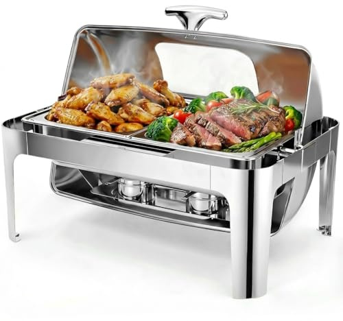 Garvee Chafing Dish Edelstahl Speisewärmer mit Roll-Top Deckel, 1/1 GN Behälter Buffetwärmer Set für Gastronomie & Catering, Warmhaltebehälter für Partys & Events, Rechteckig, Silber glänzend