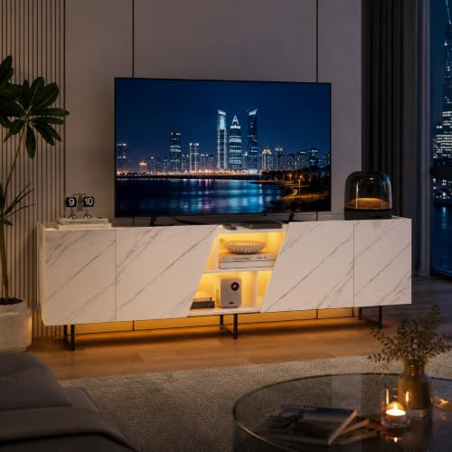 Mobile TV LED 220 cm, Panca TV, Armadio e TV, Mobile TV da soggiorno, Panca TV moderna in legno con stoccaggio, armadio basso soggiorno interno, mobile soggiorno, base metallica (bianco-4 (220 cm)
