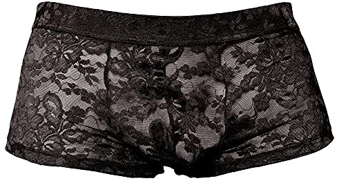Orion Herren-Pants - erotische Boxer-Shorts für Männer, mit sexy Spitzen-Besatz und Po-Kontur-Naht, breitem Gummi-Bund, schwarz