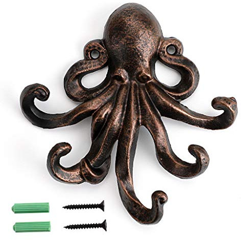 BSTKEY Cast Iron & Bronze Octopus 5-Tentacle Decorative Wall Hook - Rustic Towel & Key Holder (Bronze & Red)