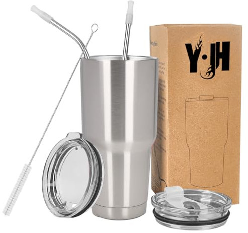 Y·J&H 30oz (850ml) Doppelwandig Vakuum Isolierter Autobecher, Edelstahl Reiseflasche, Thermobecher Kaffee to Go mit 2 Spritzfestem Deckel 2 Strohhalm, Rohrbürste,BPA Free - Silber