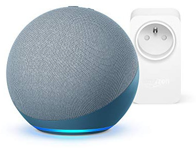 Echo (4e génération), Avec son premium, Bleu-gris + Amazon Smart Plug (Prise connectée WiFi), Fonctionne avec Alexa - Kit de démarrage Maison connectée