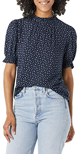 Amazon Essentials Women's Fluid Twill Short Puff Sleeve Smock Detail Shirt, Navy White Ditsy Print, L