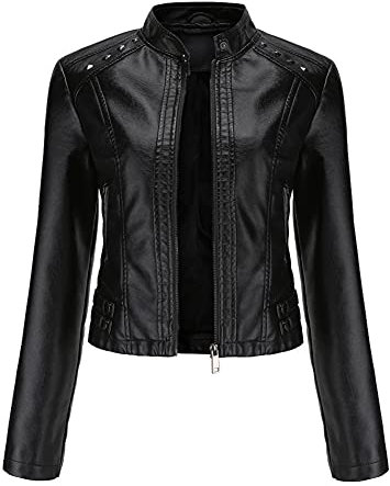 YYNUDA Damen Lederjacke Kurz Bikerjacke Stehkragen Reißverschluss Leder Jacke Übergangsjacke für Herbst Frühling(Schwarz L)