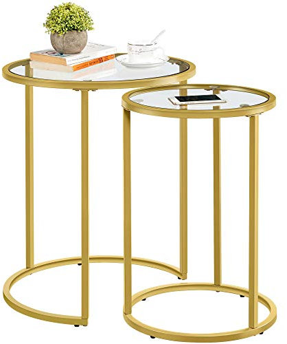 Yaheetech Round Nesting Coffee Tables Set of 2, Glass Top Side Table End Tables with Metal Frame for Living Room Bedroom Office, Gold