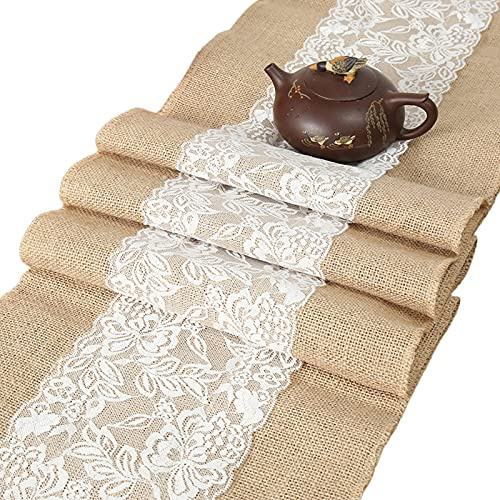Chemin de table RENRUIRUI- Paquet De 10 en Dentelle De Toile De Jute pour Décor De Table De Fête d'anniversaire De Banquet De Style Ferme Rustique, 12 X 108 Pouces
