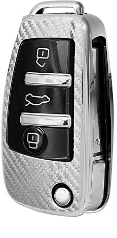 HIBEYO Autoschlüssel Hülle passt für Audi Schutzhülle Schlüsselhülle Cover TPU für Audi A1 A3 A4 A6 Q3 Q5 Q7 S3 R8 TT Schlüsselbox Schlüsselanhänger Fernbedienung Klapp 3 Tasten(Silber-Kohlefaser)