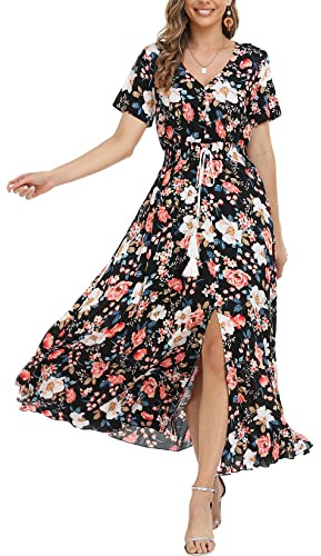 VOGMATE Damen Lange Split Knopf Up Sommer Maxikleid Floral Strandwear Holidy Kleid Hohe Taille mit kurzen Ärmeln(S-2XL)