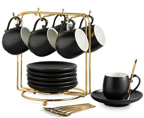 LYEOBOH Espresso Cups and Saucers Set, Ceramic Coffee Cup 3 Ounces Small Demitasse Cups Espresso Mugs with Spoons & Metal Stand for Cappuccino, Latte, Tea, Set of 6, Black